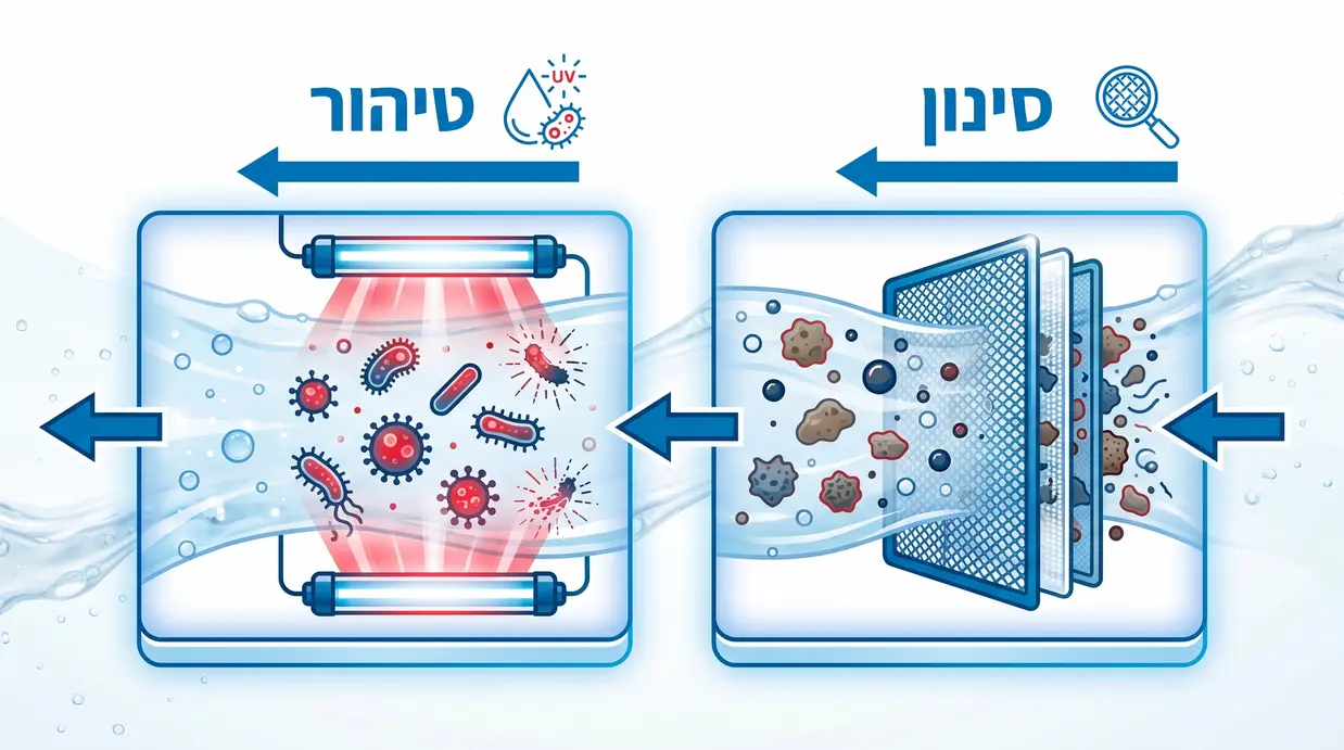 אינפוגרפיקה בעברית המציגה את ההבדל בין סינון חלקיקים לטיהור חיידקים