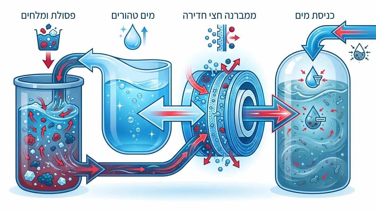 תרשים זרימה בעברית של תהליך אוסמוזה הפוכה עם ממברנה חצי חדירה