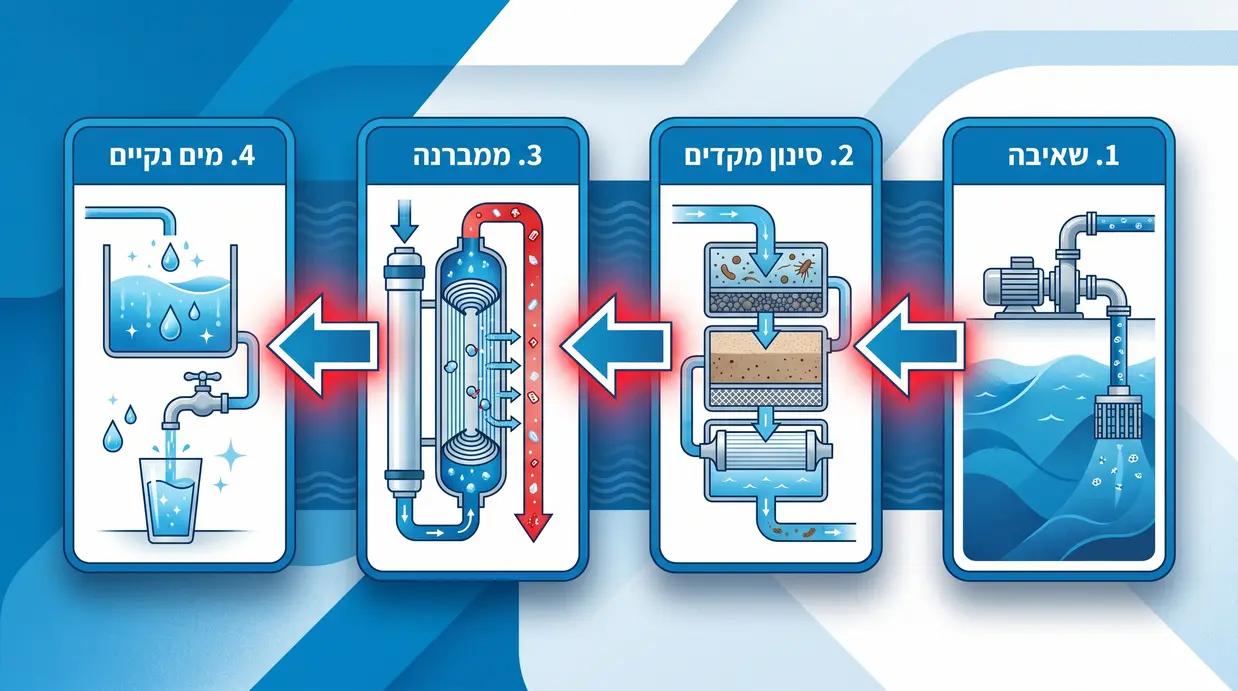 תרשים בעברית המציג את ארבעת שלבי האוסמוזה ההפוכה בהתפלת מי ים