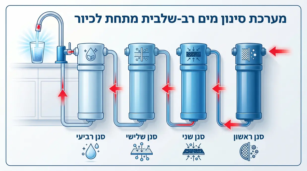 תרשים של מערכת סינון תת כיורית עם ארבעה שלבים