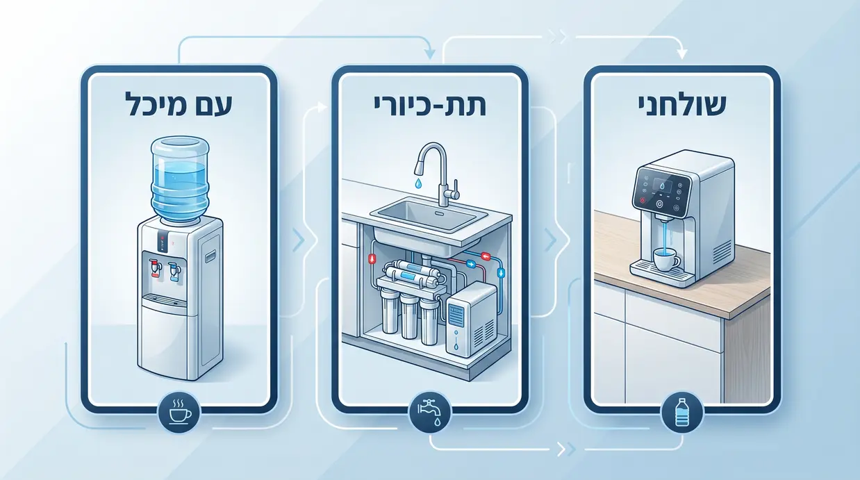 השוואה ויזואלית בין שלושה סוגי מתקני מים למשרד קטן